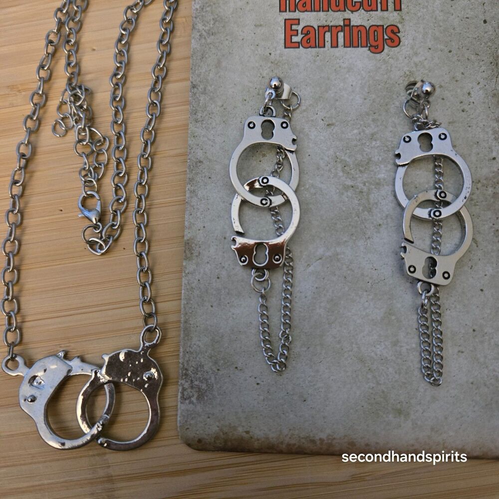 Gothic Handcuff Necklace & Drop Earrings Set Lovers Novelty Jewelry Gift